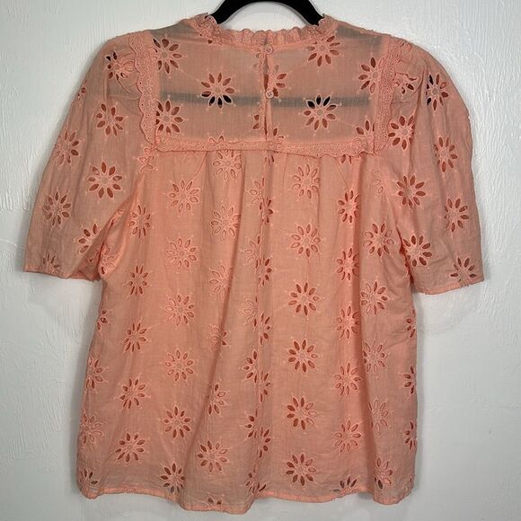 Entro Cotton Eyelet Embroidered Short Sleeve Top Blouse In Peach Size M - Picture 4 of 10